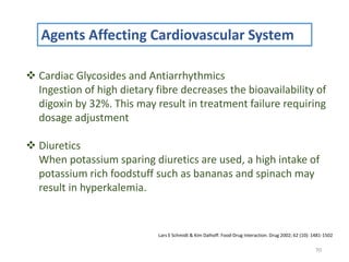 70
Agents Affecting Cardiovascular System
 Cardiac Glycosides and Antiarrhythmics
Ingestion of high dietary fibre decreases the bioavailability of
digoxin by 32%. This may result in treatment failure requiring
dosage adjustment
 Diuretics
When potassium sparing diuretics are used, a high intake of
potassium rich foodstuff such as bananas and spinach may
result in hyperkalemia.
Lars E Schmidt & Kim Dalhoff. Food-Drug Interaction. Drug 2002; 62 (10): 1481-1502
 