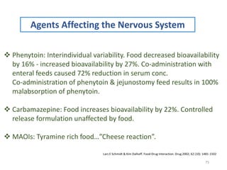 75
Agents Affecting the Nervous System
 Phenytoin: Interindividual variability. Food decreased bioavailability
by 16% - increased bioavailability by 27%. Co-administration with
enteral feeds caused 72% reduction in serum conc.
Co-administration of phenytoin & jejunostomy feed results in 100%
malabsorption of phenytoin.
 Carbamazepine: Food increases bioavailability by 22%. Controlled
release formulation unaffected by food.
 MAOIs: Tyramine rich food…”Cheese reaction”.
Lars E Schmidt & Kim Dalhoff. Food-Drug Interaction. Drug 2002; 62 (10): 1481-1502
 