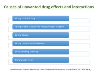8
Causes of unwanted drug effects and interactions
Wrong choice of drug
Failing to take account into renal & hepatic function
Wrong dosage
Wrong route of administration
Errors in taking the drug
Transmission Errors
Drug Interactions- Principles, Examples and Clinical Consequences. Ingolf Cascorbi. Dtsch Arztebl Int. 2021; 109: 546-56
 