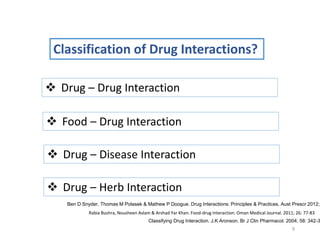 9
Classification of Drug Interactions?
 Drug – Drug Interaction
 Food – Drug Interaction
 Drug – Disease Interaction
Classifying Drug Interaction. J.K Aronson. Br J Clin Pharmacol. 2004; 58: 342-3
Rabia Bushra, Nousheen Aslam & Arshad Yar Khan. Food-drug Interaction. Oman Medical Journal. 2011; 26: 77-83
 Drug – Herb Interaction
Ben D Snyder, Thomas M Polasek & Mathew P Doogue. Drug Interactions: Principles & Practices. Aust Prescr 2012;3
 