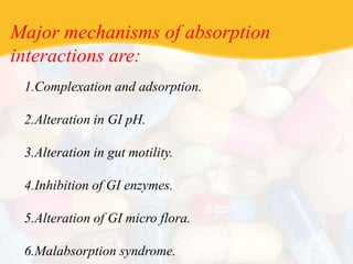 Major mechanisms of absorption
interactions are:
1.Complexation and adsorption.
2.Alteration in GI pH.
3.Alteration in gut motility.
4.Inhibition of GI enzymes.
5.Alteration of GI micro flora.
6.Malabsorption syndrome.
 