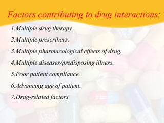 Factors contributing to drug interactions:
1.Multiple drug therapy.
2.Multiple prescribers.
3.Multiple pharmacological effects of drug.
4.Multiple diseases/predisposing illness.
5.Poor patient compliance.
6.Advancing age of patient.
7.Drug-related factors.
 