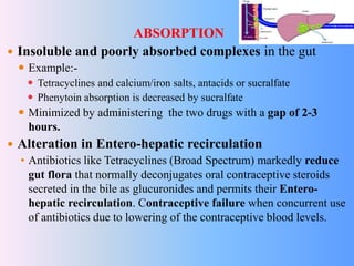 ABSORPTION
 Insoluble and poorly absorbed complexes in the gut
 Example:-
 Tetracyclines and calcium/iron salts, antacids or sucralfate
 Phenytoin absorption is decreased by sucralfate
 Minimized by administering the two drugs with a gap of 2-3
hours.
 Alteration in Entero-hepatic recirculation
• Antibiotics like Tetracyclines (Broad Spectrum) markedly reduce
gut flora that normally deconjugates oral contraceptive steroids
secreted in the bile as glucuronides and permits their Entero-
hepatic recirculation. Contraceptive failure when concurrent use
of antibiotics due to lowering of the contraceptive blood levels.
 