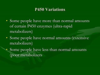 P450 Variations
• Some people have more than normal amounts
of certain P450 enzymes (ultra-rapid
metabolizers)
• Some people have normal amounts (extensive
metabolizers)
• Some people have less than normal amounts
(poor metabolizers
 