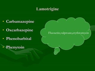 Lamotrigine
• Carbamazepine
• Oxcarbazepine
• Phenobarbital
• Phenytoin
Fluoxetin,valproate,erythromycin
 