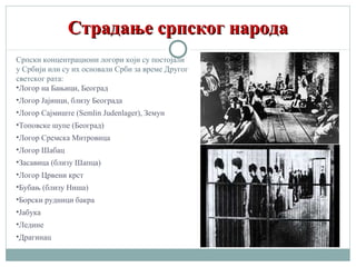 Страдање српског народаСтрадање српског народа
Српски концентрациони логори који су постојали
у Србији или су их основали Срби за време Другог
светског рата:
•Логор на Бањици, Београд
•Логор Јајинци, близу Београда
•Логор Сајмиште (Semlin Judenlager), Земун
•Топовске шупе (Београд)
•Логор Сремска Митровица
•Логор Шабац
•Засавица (близу Шапца)
•Логор Црвени крст
•Бубањ (близу Ниша)
•Борски рудници бакра
•Јабука
•Ледине
•Драгинац
 