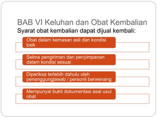 BAB VI Keluhan dan Obat Kembalian
Syarat obat kembalian dapat dijual kembali:
Obat dalam kemasan asli dan kondisi
baik
Selma pengiriman dan penyimpanan
dalam kondisi sesuai
Diperiksa terlebih dahulu oleh
penanggungjawab / personil berwenang
Mempunyai bukti dokumentasi asal usul
obat
 
