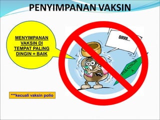 MENYIMPANAN
VAKSIN DI
TEMPAT PALING
DINGIN = BAIK
PENYIMPANAN VAKSIN
***kecuali vaksin polio
 