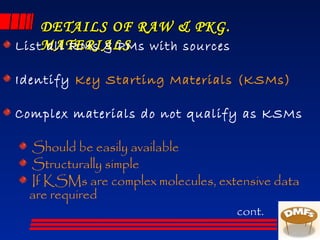 DETAILS OF RAW & PKG.DETAILS OF RAW & PKG.
MATERIALSMATERIALSList all RMs & PMs with sources
Identify Key Starting Materials (KSMs)
Complex materials do not qualify as KSMs
Should be easily available
Structurally simple
If KSMs are complex molecules, extensive data
are required
cont.
 