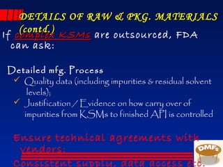 DETAILS OF RAW & PKG. MATERIALSDETAILS OF RAW & PKG. MATERIALS
(contd.)(contd.)
If complex KSMscomplex KSMs are outsourced, FDA
can ask:
Detailed mfg. Process
 Quality data (including impurities & residual solvent
levels);
 Justification / Evidence on how carry over of
impurities from KSMs to finished API is controlled
Ensure technical agreements with
vendors:
Consistent supply, data access etc.
 