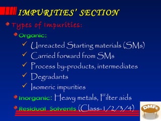 IMPURITIES’ SECTIONIMPURITIES’ SECTION
Types of Impurities:
Organic:
 Unreacted Starting materials (SMs)
 Carried forward from SMs
 Process by-products, intermediates
 Degradants
 Isomeric impurities
Inorganic: Heavy metals, Filter aids
Residual Solvents (Class-1/2/3/4)
 
