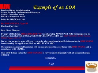 Example of an LOAExample of an LOA
Food and Drug Administration
Center for Drug Evaluation and Research
Central Document Room
5901-B Ammendale Road
Beltsville MD 20705-1266
Re: DMF #XXXXX, Type III
Hairless Cap Liner
Dear Sir or Madam:
By copy of this letter, DRUG HOLDER “X” is authorizing APPLICANT ABC to incorporate by
reference into their NDA/ANDA/IND/SUPPLEMENTAL NDA our DMF #XXXXX, DATE, Section
WXYZ, Pages 105-115.
We hereby authorize your office to review the aforementioned specific information in DMF #XXXX
in considering the application filed by APPLICANT ABC.
The component/material furnished will be manufactured in accordance with DMF #XXXX and in
compliance with CGMPs.
This DMF holder states that DMF #XXXXX is current and will comply with all statements made
within it.
Sincerely,
XYZ
 
