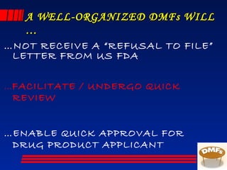 A WELL-ORGANIZED DMFs WILLA WELL-ORGANIZED DMFs WILL
……
…NOT RECEIVE A “REFUSAL TO FILE”
LETTER FROM US FDA
…FACILITATE / UNDERGO QUICK
REVIEW
…ENABLE QUICK APPROVAL FOR
DRUG PRODUCT APPLICANT
 