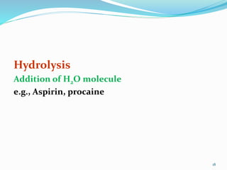 Hydrolysis
Addition of H2O molecule
e.g., Aspirin, procaine
18
 