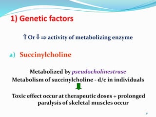 1) Genetic factors
 Or   activity of metabolizing enzyme
a) Succinylcholine
Metabolized by pseudocholinestrase
Metabolism of succinylcholine - d/c in individuals
Toxic effect occur at therapeutic doses + prolonged
paralysis of skeletal muscles occur
30
 
