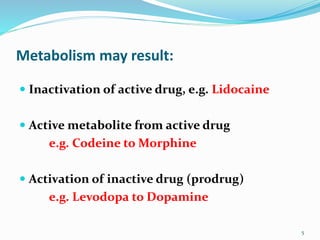 Metabolism may result:
 Inactivation of active drug, e.g. Lidocaine
 Active metabolite from active drug
e.g. Codeine to Morphine
 Activation of inactive drug (prodrug)
e.g. Levodopa to Dopamine
5
 