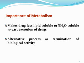 Importance of Metabolism
Makes drug less lipid soluble or H2O soluble
 easy excretion of drugs
Alternative process  termination of
biological activity
7
 