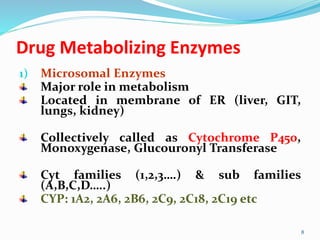 Drug Metabolizing Enzymes
1) Microsomal Enzymes
Major role in metabolism
Located in membrane of ER (liver, GIT,
lungs, kidney)
Collectively called as Cytochrome P450,
Monoxygenase, Glucouronyl Transferase
Cyt families (1,2,3….) & sub families
(A,B,C,D…..)
CYP: 1A2, 2A6, 2B6, 2C9, 2C18, 2C19 etc
8
 