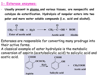 1- Esterase enzymes:
• Usually present in plasma and various tissues, are nonspecific and
catalyze de-esterification. Hydrolysis of nonpolar esters into two
polar and more water soluble compounds (i.e. acid and alcohol).
O
C OR
CH3 H2O
O
C OH
CH3 ROH
+ +
Ester of acetic acid Acetic acid Alcohol
Esterases are responsible for converting many prodrugs into
their active forms.
A classical example of ester hydrolysis is the metabolic
conversion of aspirin (acetylsalicylic acid) to salicylic acid and
acetic acid. COOH
OCOCH3
COOH
OH
H2O CH3COOH
+
Aspirin Salicylic acid
Acetic acid
 