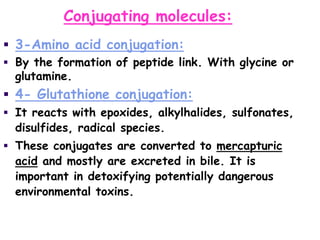 Conjugating molecules:
 3-Amino acid conjugation:
 By the formation of peptide link. With glycine or
glutamine.
 4- Glutathione conjugation:
 It reacts with epoxides, alkylhalides, sulfonates,
disulfides, radical species.
 These conjugates are converted to mercapturic
acid and mostly are excreted in bile. It is
important in detoxifying potentially dangerous
environmental toxins.
 