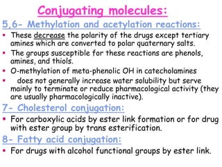5,6- Methylation and acetylation reactions:
 These decrease the polarity of the drugs except tertiary
amines which are converted to polar quaternary salts.
 The groups susceptible for these reactions are phenols,
amines, and thiols.
 O-methylation of meta-phenolic OH in catecholamines
 does not generally increase water solubility but serve
mainly to terminate or reduce pharmacological activity (they
are usually pharmacologically inactive).
7- Cholesterol conjugation:
 For carboxylic acids by ester link formation or for drug
with ester group by trans esterification.
8- Fatty acid conjugation:
 For drugs with alcohol functional groups by ester link.
Conjugating molecules:
 