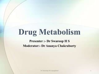 1 
Drug Metabolism 
Presenter :- Dr Swaroop H S 
Moderator:- Dr Ananya Chakraborty 
Dr Swaroop HS copyighted 
 