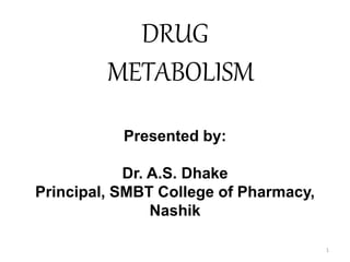 DRUG
METABOLISM
Presented by:
Dr. A.S. Dhake
Principal, SMBT College of Pharmacy,
Nashik
1
 