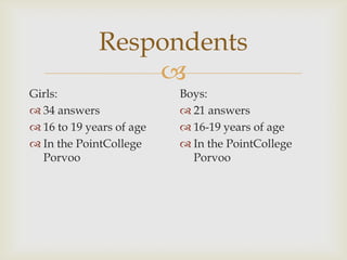 Respondents

Girls:
 34 answers
 16 to 19 years of age
 In the PointCollege
Porvoo

Boys:
 21 answers
 16-19 years o...