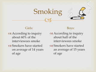 Smoking

Girls:
 According to inquiry
about 60% of the
interviewees smoke
 Smokers have started
on average of 14 years
...