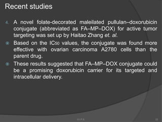 4. A novel folate-decorated maleilated pullulan–doxorubicin
conjugate (abbreviated as FA–MP–DOX) for active tumor
targeting was set up by Haitao Zhang et. al.
 Based on the IC50 values, the conjugate was found more
effective with ovarian carcinoma A2780 cells than the
parent drug.
 These results suggested that FA–MP–DOX conjugate could
be a promising doxorubicin carrier for its targeted and
intracellular delivery.
Recent studies
22G.I.P.S.
 