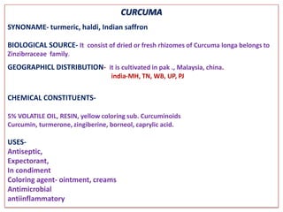 CURCUMA
SYNONAME- turmeric, haldi, Indian saffron

BIOLOGICAL SOURCE- It consist of dried or fresh rhizomes of Curcuma longa belongs to
Zinzibrraceae family.
GEOGRAPHICL DISTRIBUTION- it is cultivated in pak ., Malaysia, china.
                                  india-MH, TN, WB, UP, PJ


CHEMICAL CONSTITUENTS-

5% VOLATILE OIL, RESIN, yellow coloring sub. Curcuminoids
Curcumin, turmerone, zingiberine, borneol, caprylic acid.

USES-
Antiseptic,
Expectorant,
In condiment
Coloring agent- ointment, creams
Antimicrobial
antiinflammatory
 
