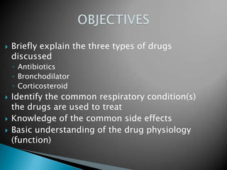    Briefly explain the three types of drugs
    discussed
    ◦ Antibiotics
    ◦ Bronchodilator
    ◦ Corticosteroid
  ...