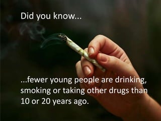 Did you know...




...fewer young people are drinking,
smoking or taking other drugs than
10 or 20 years ago.
 