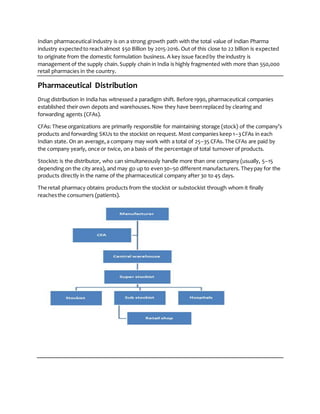 Indian pharmaceutical industry is on a strong growth path with the total value of Indian Pharma
industry expectedto reachalmost $50 Billion by 2015-2016. Out of this close to 22 billion is expected
to originate from the domestic formulation business. A key issue facedby the industry is
management of the supply chain.Supply chain in India is highly fragmented with more than 550,000
retail pharmacies in the country.
Pharmaceutical Distribution
Drug distribution in India has witnessed a paradigm shift. Before 1990, pharmaceutical companies
established their own depots and warehouses.Now they have beenreplaced by clearing and
forwarding agents (CFAs).
CFAs: These organizations are primarily responsible for maintaining storage (stock) of the company’s
products and forwarding SKUs to the stockist on request. Most companies keep 1–3CFAs in each
Indian state. On an average,a company may work with a total of 25–35 CFAs. The CFAs are paid by
the company yearly, once or twice, on a basis of the percentage of total turnover of products.
Stockist: is the distributor, who can simultaneously handle more than one company (usually, 5–15
depending on the city area), and may go up to even30–50 different manufacturers. Theypay for the
products directly in the name of the pharmaceutical company after 30 to 45 days.
The retail pharmacy obtains products from the stockist or substockist through whom it finally
reachesthe consumers (patients).
 