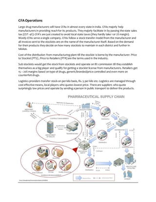 CFA Operations
Large drug manufacturers will have CFAs in almost every state in India. CFAs majorly help
manufacturers in providing reachfor its products. Theymajorly facilitate in by passing the state sales
tax (CST- 4%).CFA’s are just created to avoid local state taxes (they hardly take 1 or 2% margin).
Mostly CFAs serve a single company. CFAs follow a stock transfer model from the manufacturer and
all invoices sent to the stockists are on the name of the manufacturer itself. Based on the demand
for their products theydecide on how many stockists to maintain in each district and further in
talukas.
Cost of the distribution from manufacturing plant till the stockist is borne by the manufacturer. Price
to Stockist (PTS) , Price to Retailers (PTR) are the terms used in the industry.
Sub stockists would get the stock from stockists and operate on 8% commission till they establish
themselves as a big player and qualify for getting a stockist license from manufacturers. Retailers get
15 – 20% margins based on type of drugs, generic/branded/price controlled and even more on
counterfeit drugs.
Logistics providers transfer stock on per kilo basis, Rs. 5 per kilo etc.Logistics are managed through
cost effective means, local players who quotes lowest price. There are suppliers who quote
surprisingly low prices and operate by sending a person in public transport to deliver the products.
 