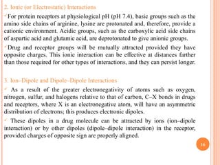 2. Ionic (or Electrostatic) Interactions
For protein receptors at physiological pH (pH 7.4), basic groups such as the
amino side chains of arginine, lysine are protonated and, therefore, provide a
cationic environment. Acidic groups, such as the carboxylic acid side chains
of aspartic acid and glutamic acid, are deprotonated to give anionic groups.
Drug and receptor groups will be mutually attracted provided they have
opposite charges. This ionic interaction can be effective at distances farther
than those required for other types of interactions, and they can persist longer.
3. Ion–Dipole and Dipole–Dipole Interactions
 As a result of the greater electronegativity of atoms such as oxygen,
nitrogen, sulfur, and halogens relative to that of carbon, C–X bonds in drugs
and receptors, where X is an electronegative atom, will have an asymmetric
distribution of electrons; this produces electronic dipoles.
 These dipoles in a drug molecule can be attracted by ions (ion–dipole
interaction) or by other dipoles (dipole–dipole interaction) in the receptor,
provided charges of opposite sign are properly aligned.
16
 