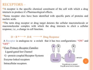 RECEPTORS –
A receptor is the specific chemical constituent of the cell with which a drug
interacts to produce it’s Pharmacological effects.
Some receptor sites have been identified with specific parts of proteins and
nucleic acids.
The term drug receptor or drug target denotes the cellular macromolecule or
macromolecular complex with which the drug interacts to elicit a cellular
response, i.e., a change in cell function.
D + R D-R Drug Response
A Receptor is analogous to a switch that it has two configurations: “ON” and
“OFF”
Four Primary Receptor Families
 Ligand-gated Ion Channel
 G –protein coupled Receptor Systems
Enzyme-lınked receptors
Intracellular receptors
2
 