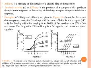  Affinity, is a measure of the capacity of a drug to bind to the receptor.
 Intrinsic activity (α) or Efficacy is the property of a compound that produces
the maximum response or the ability of the drug– receptor complex to initiate a
response.
 Examples of affinity and efficacy are given in Figure 1A shows the theoretical
dose–response curves for five drugs with the same affinity for the receptor (pKd
= 8), but having efficacies varying from 100% of the maximum to 20% of the
maximum. The drug with 100% efficacy is a full agonist; the others are partial
agonists.
5
FIGURE 1. Theoretical dose–response curves illustrate (A) drugs with equal affinities and
different efficacies (the top compound is a full agonist, and the others are partial agonists) and
(B) drugs with equal efficacies (all full agonists) but different affinities.
 