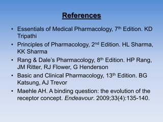 References
• Essentials of Medical Pharmacology, 7th Edition. KD
Tripathi
• Principles of Pharmacology, 2nd Edition. HL Sharma,
KK Sharma
• Rang & Dale’s Pharmacology, 8th Edition. HP Rang,
JM Ritter, RJ Flower, G Henderson
• Basic and Clinical Pharmacology, 13th Edition. BG
Katsung, AJ Trevor
• Maehle AH. A binding question: the evolution of the
receptor concept. Endeavour. 2009;33(4):135-140.
 