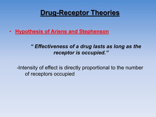 Drug-Receptor Theories
• Hypothesis of Ariens and Stephenson
“ Effectiveness of a drug lasts as long as the
receptor is occupied.”
-Intensity of effect is directly proportional to the number
of receptors occupied
 