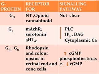 G-PROTEIN RECEPTOR FOR SIGNALLING PATHWAY G O NT ,Opioid cannabinoid Not  clear G q mAchR,  serotonin 5HT 1C PLC IP 3  , DAG Cytoplasmic Ca  G t1  , G t2 Rhodopsin and colour  opsins in retinal rod and cone cells cGMP  phosphodiesterase-  cGMP 