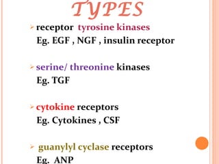 TYPES receptor  tyrosine kinases Eg. EGF , NGF , insulin receptor serine/ threonine  kinases  Eg. TGF cytokine  receptors Eg. Cytokines , CSF guanylyl cyclase  receptors Eg.  ANP 