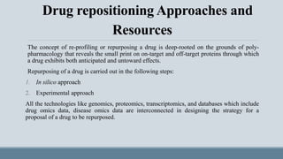 Drug repositioning Approaches and
Resources
The concept of re-profiling or repurposing a drug is deep-rooted on the grounds of poly-
pharmacology that reveals the small print on on-target and off-target proteins through which
a drug exhibits both anticipated and untoward effects.
Repurposing of a drug is carried out in the following steps:
1. In silico approach
2. Experimental approach
All the technologies like genomics, proteomics, transcriptomics, and databases which include
drug omics data, disease omics data are interconnected in designing the strategy for a
proposal of a drug to be repurposed.
 
