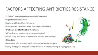 FACTORS AFFECTING ANTIBIOTICS RESISTANCE
Patient’s incompliance to recommended treatment:
•Forget to take medication.
•May be unable to afford full course.
•Interrupt their treatment when they begin to fell better.
Irrational use of antibiotics in humans:
•Self medication (unnecessary, inadequate dose).
•Misuse (easy availability in pharmacies without prescription).
Hospitals:
•Nosocomial infection with highly resistant bacterial pathogens.
•Mainly due to poor infection control practices the handwashing changing gloves. Etc.
7
 
