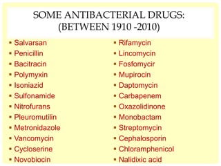 SOME ANTIBACTERIAL DRUGS:
(BETWEEN 1910 -2010)
 Salvarsan
 Penicillin
 Bacitracin
 Polymyxin
 Isoniazid
 Sulfonamide
 Nitrofurans
 Pleuromutilin
 Metronidazole
 Vancomycin
 Cycloserine
 Novobiocin
 Rifamycin
 Lincomycin
 Fosfomycir
 Mupirocin
 Daptomycin
 Carbapenem
 Oxazolidinone
 Monobactam
 Streptomycin
 Cephalosporin
 Chloramphenicol
 Nalidixic acid
 