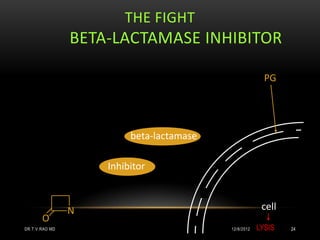 THE FIGHT
                BETA-LACTAMASE INHIBITOR

                                                        PG




                         beta-lactamase

                    Inhibitor



                N                                      cell
       O
DR.T.V.RAO MD                             12/8/2012   LYSIS   24
 
