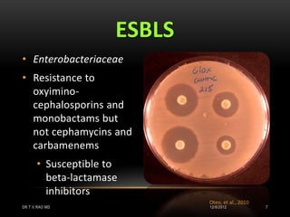 ESBLS
• Enterobacteriaceae
• Resistance to
  oxyimino-
  cephalosporins and
  monobactams but
  not cephamycins and
  carbamenems
      • Susceptible to
        beta-lactamase
        inhibitors
                             Oteo, et al., 2010
DR.T.V.RAO MD                12/8/2012            7
 