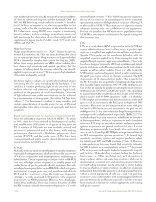 Dash: Diagnosis of drug resistant tuberculosis 
than traditional methods using LJ media with a turnaround time 
of 7 days for culture and drug susceptibility testing (C‑DST) for 
INH and RIF. It is cheap, simple and fairly accurate.[22] Biosafety 
level‑3 facilities are required if the plates are opened for further 
testing, such as for the confirmation of the identification of 
TB. Laboratories using MODS assay require a functioning 
biosafety cabinet, a safety centrifuge, an incubator, an inverted 
light microscope for observation of mycobacterial growth and 
supplemented liquid media (Middle brook 7H9 broth with 
OADC and PANTA). 
Phage based assay 
Phage amplification‑based test (FAST Plaque‑Response, 
Biotech Laboratories Ltd. UK) has been developed for direct 
use on sputum specimens. Drug resistance is diagnosed when 
MTB is detected in samples that contain the drug (i.e., RIF). 
When these assays performed on MTB culture isolates, they 
have shown high sensitivity and variable specificity, but the 
evidence is lacking about the accuracy when they are directly 
applied to sputum specimens.[23] It also requires high standards 
of biosafety and quality control. 
Luciferase reporter phages are genetically‑modified phages 
containing the flux gene encoding firefly luciferase. This 
catalyzes a reaction producing light in the presence of the 
luciferin substrate and adenosine triphosphate; light is only 
produced in the presence of viable mycobacteria. Detection 
of light released from viable mycobacteria can be achieved 
by a luminometer or photographic film within 2‑4 days from 
culture.[24] The luminometer readout is more sensitive and 
enables quantification of results while the use of Polaroid 
photographic film offers a lower‑tech approach with lower 
sensitivity. 
Rapid molecular methods for diagnosis of drug resistant TB 
Since the publication of genome details of MTB H37Rv strain 
in 1998, these have been utilized in development of nucleic 
acid amplification (NAA) tests for diagnosis of drug resistant 
TB. A number of NAA tests are now available, manual and 
automated, commercial and in the house, with varying 
performance characteristics. Real‑time polymerase chain 
reaction (RT‑PCR) and line probe assays (LPAs) have been 
commercialized and widely used in clinical laboratories merit 
special mention, detailed below. 
RT‑PCR 
Molecular tools are based on identification of specific mutations 
responsible for drug resistance, which are detected by the process 
of NAA in conjunction with electrophoresis, sequencing or 
hybridization. Direct sequencing techniques such as RT‑PCR 
that uses wild‑type primer sequences to amplify genes and 
enable the use of specific probes to identify mutations. Recently 
introduced semi‑quantitative nested RT‑PCR, which integrates 
and automates sample processing and simultaneously detects 
MTB and RIF resistance within the single‑use disposable 
cartridges. A study examined 1,730 patients with suspected 
drug‑sensitive or MDR pulmonary TB across Peru, Azerbaijan, 
South Africa and India. There was sensitive detection of MTB 
and RIF resistance directly from untreated sputum in < 2 h with 
minimal hands‑on time.[25] The WHO has recently supported 
the use of this system as an initial diagnostic test in respiratory 
specimens of patients with high clinical suspicion of having TB 
or who could be MDR.[26] These tests are very expensive require 
adequate maintenance and calibration of the equipment. 
Further, the specificity for RIF resistance in populations where 
MDR‑TB is rare requires confirmation by repeat testing and 
thus increases cost. 
LPAs 
LPAs are a family of novel DNA strip tests that use both PCR and 
reverse hybridization methods. In these assays, a specific target 
sequence is amplified and applied on nitrocellulose membranes. 
Specific DNA probes on the membrane hybridize with the 
amplified sequence applied on it. Color conjugates make the 
amplified target sequences appear as colored bands. These tests 
have been designed to identify MTB and simultaneously detect 
genetic mutations related to drug resistance both from clinical 
samples as well as culture isolates. These tests able to identify 
MTB complex and simultaneously detect genetic mutations in 
the rpoB gene region related to rifampin resistance. The LPA 
strip consists of 10 oligonucleotide probes: One is specific for 
the MTB complex, five are partially overlapping wild‑type probes 
that span the region at positions 509‑534 of the rpoB gene and 
four probes are specific for amplicons carrying the most common 
rpoB mutations (D516V, H526Y, H526D and S531L). According 
to a recent review, the sensitivities of the LPA are above 90% for 
clinical isolates with 99‑100% specificity [Table 1]. It identifies 
MTB complex and simultaneously detects mutations in the rpoB 
gene as well as mutations in the katG gene for high‑level INH 
resistance. These tests can also detect mutations in the inhA gene 
for low‑level INH resistance and mutations in the gyrA, rrs and 
embB genes for 2nd line anti‑tubercular drugs fluoroquinolones, 
aminoglycosides and ethambutol respectively [Table 2].[32] The 
newly developed assay may represent a reliable tool for detection 
of fluoroquinolones, amikacin, capreomycin and ethambutol 
resistance. LPA strip can use culture isolates and smear positive 
sputum as specimen and provide results in 1‑2 days. A recent 
laboratory evaluation study from South Africa estimated the 
accuracy of the GenoType MTBDRplus assay performed directly 
on AFB smear‑positive sputum specimens.[33] It showed high 
sensitivity, specificity, positive and negative predictive values 
for detection of RIF and INH resistance [Table 1]. However, 
a meta‑analysis on this assay found that sensitivity estimates 
for INH resistance were comparatively modest.[33,34] In general, 
LPAs are expensive and require dedicated equipments, reagents 
and facilities. Molecular drug resistance testing has technical 
limitations, i.e., LPAs can detect only well characterized 
drug resistance alleles, not every drug resistance allele can be 
discriminated via current tests and silent mutations (which do 
not confer drug resistance) can be detected by probes leading 
to misclassification of drug resistance. In addition, molecular 
tests cannot determine the proportion of drug resistant bacteria 
within a mixed population of cells (i.e., wild type and drug 
resistant). Cross contamination with amplicons generated from 
previous tests can be problematic especially when the tests have 
been employed in laboratories without appropriate staff training 
and quality control. 
 198 Journal of Postgraduate Medicine July 2013 Vol 59 Issue 3 
 