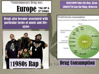 *Contemporary Drug use:                  08021090 Chiu Chi Hon, Ryan

          Europe           *The 20th &     10003770 Lau Sin Ming, Rebecca
                           21st Century


Drugs also became associated with
particular forms of music and life-
               styles




     1960s Mods
     1970s Punk
      1980s Rap                           Drug Consumption
 