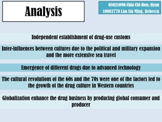 08021090 Chiu Chi Hon, Ryan

           Analysis                              10003770 Lau Sin Ming, Rebecca




              Independent establishment of drug-use customs

Inter-influences between cultures due to the political and military expansion
                     and the more extensive sea travel

         Emergence of different drugs due to advanced technology

The cultural revolutions of the 60s and the 70s were one of the factors led to
             the growth of the drug culture in Western countries

Globalization enhance the drug business by producing global consumer and
                                producer
 